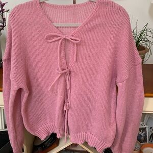 Pink Knit Sweater with Bow Details
